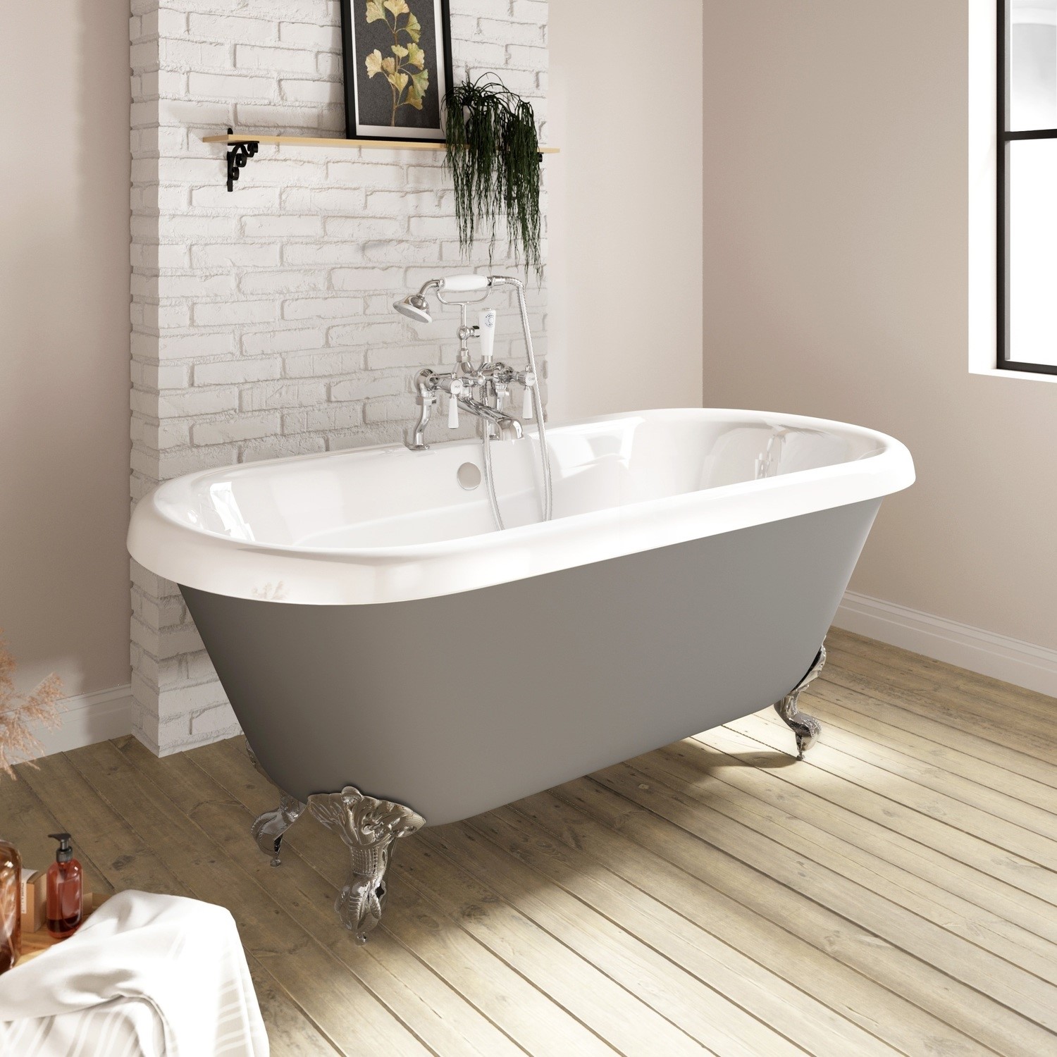 Matt Grey Double Ended Freestanding Bath with Chrome Feet 1515 x 740mm - Park Royal