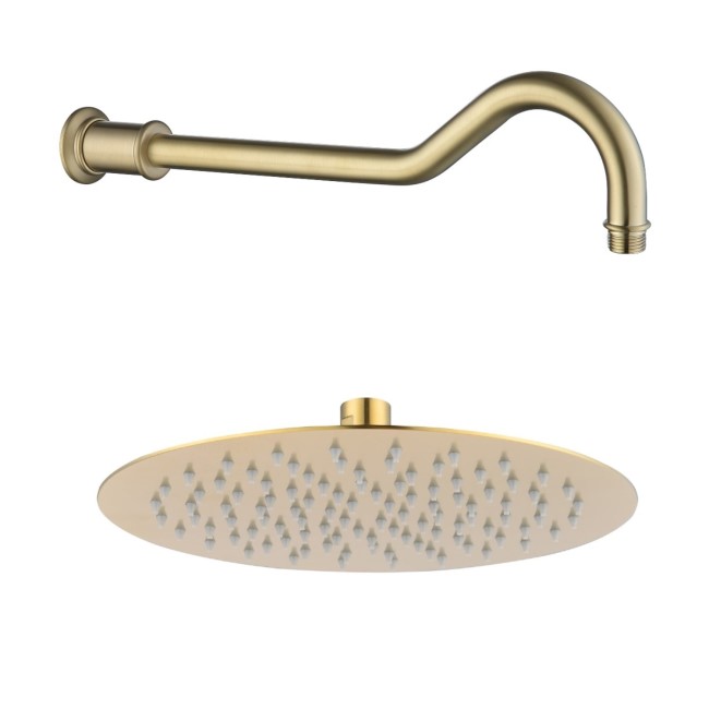 250mm Brushed Brass Shower Head with Wall Arm