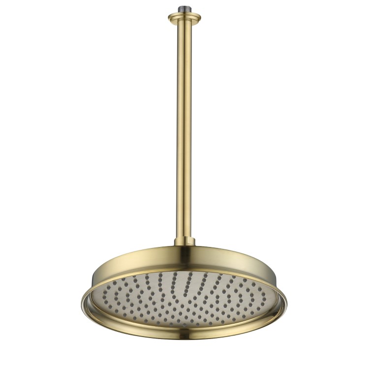 230mm Brushed Brass Traditional Shower Head with Ceiling Arm