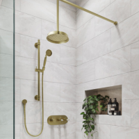 Brushed Brass Concealed Thermostatic Mixer Shower with Ceiling  Shower Head, Slide Rail & Hand Shower - Camden