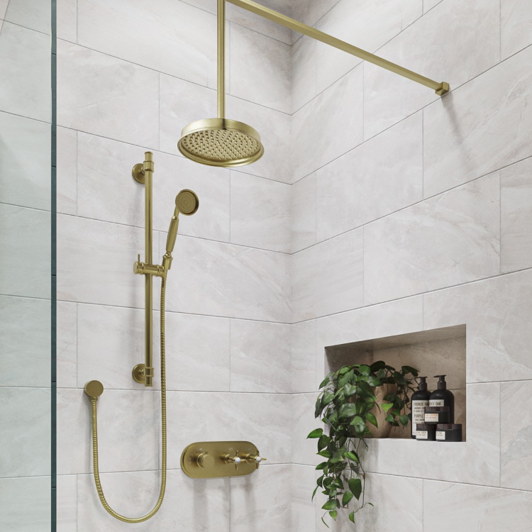 Brushed Brass Concealed Thermostatic Mixer Shower with Ceiling  Shower Head, Slide Rail & Hand Shower - Camden