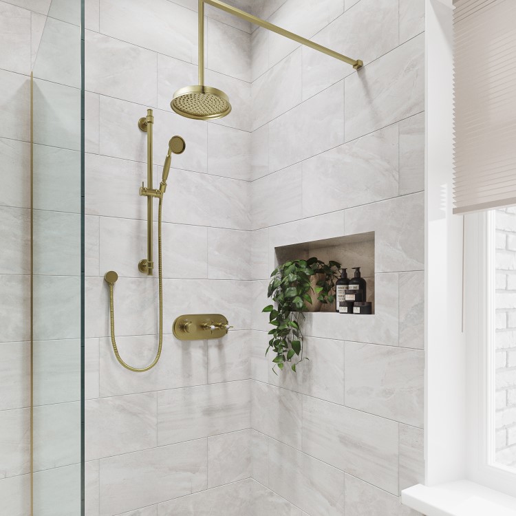 Brushed Brass Concealed Thermostatic Mixer Shower with Ceiling  Shower Head, Slide Rail & Hand Shower - Camden
