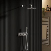 Chrome 2 Outlet  Wall Mounted Thermostatic Mixer Shower Set with Hand Shower - Flow Chrome 2 Outlet  Wall Mounted Thermostatic Mixer Shower Set with Hand Shower - Flow