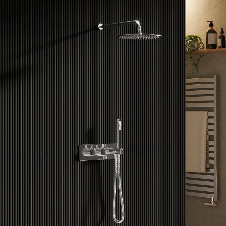 Chrome 2 Outlet  Wall Mounted Thermostatic Mixer Shower Set with Hand Shower - Flow