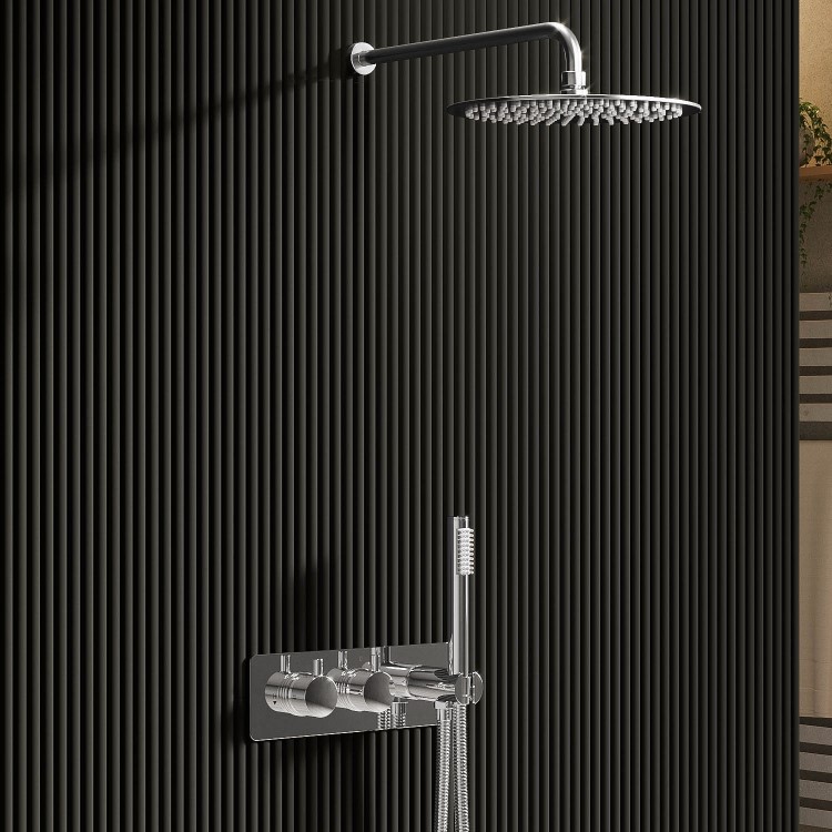 Chrome 2 Outlet  Wall Mounted Thermostatic Mixer Shower Set with Hand Shower - Flow