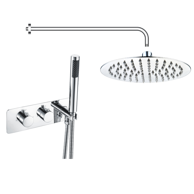 Chrome 2 Outlet  Wall Mounted Thermostatic Mixer Shower Set with Hand Shower - Flow