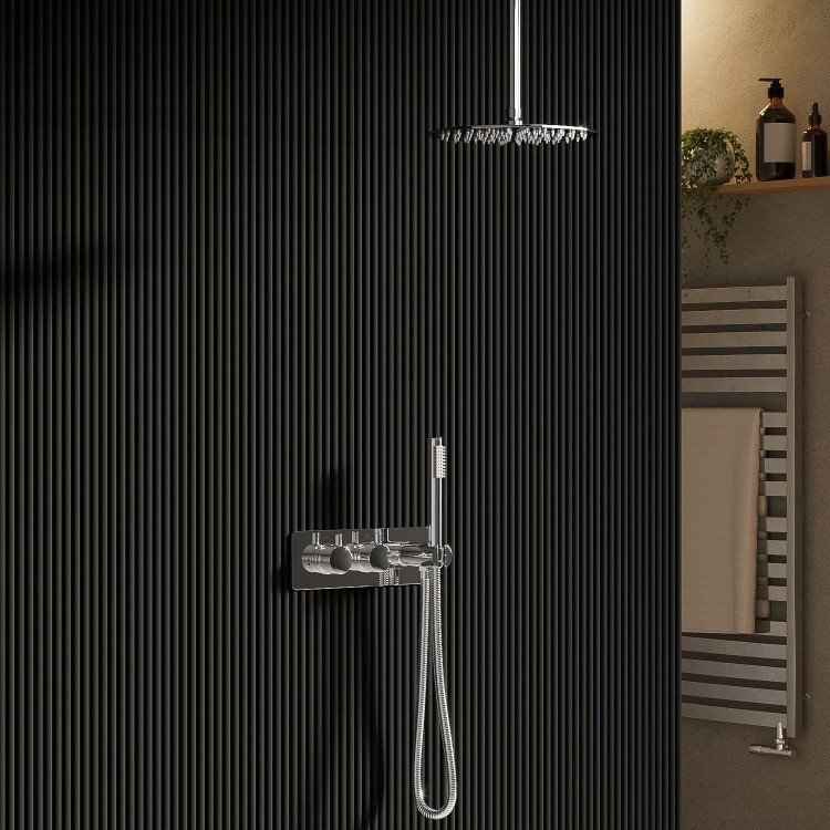 Chrome 2 Outlet  Ceiling  Mounted Thermostatic Mixer Shower Set with Hand Shower - Flow