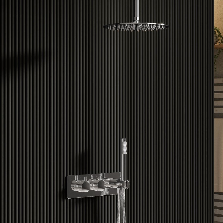 Chrome 2 Outlet  Ceiling  Mounted Thermostatic Mixer Shower Set with Hand Shower - Flow