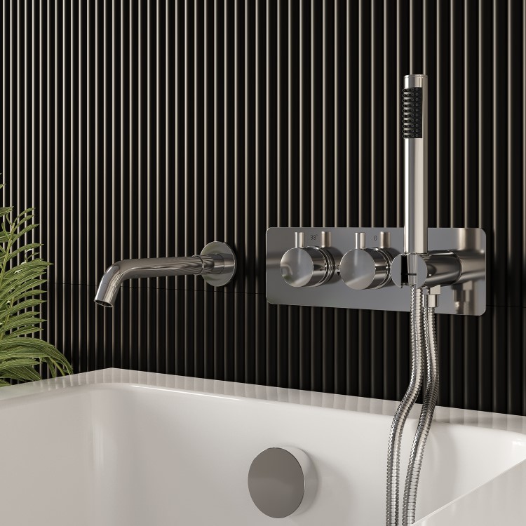 Chrome Dual Outlet Wall Mounted Thermostatic Mixer Shower Set With Hand Shower & Spout - Flow