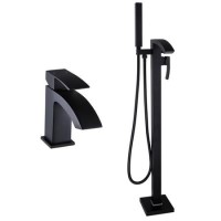 Matt Black Waterfall Freestanding Tap & Basin Tap Pack - Wave Matt Black Waterfall Freestanding Tap & Basin Tap Pack - Wave