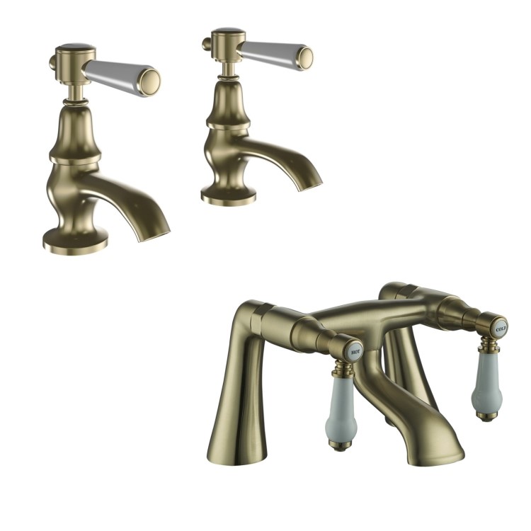 Brushed Brass Traditional Basin Pillar Taps & Bath Filler Tap Pack - Helston