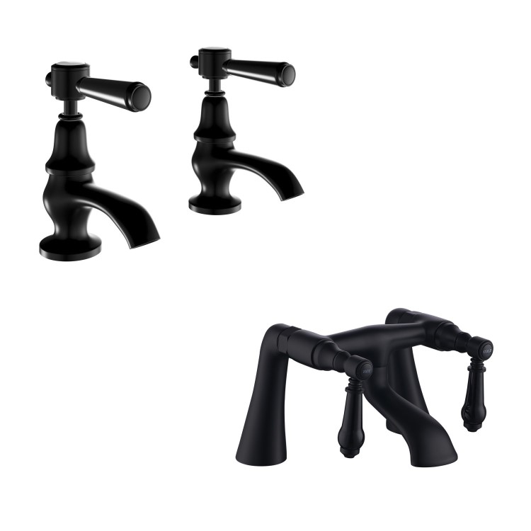Matt Black Traditional Basin Pillar Taps & Bath Filler Tap Pack - Helston
