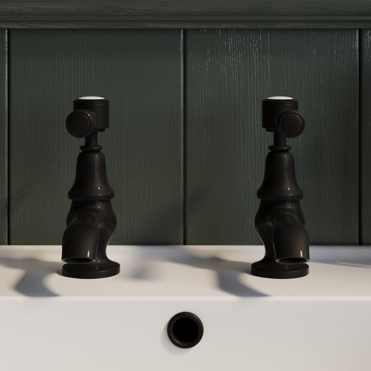 Matt Black Traditional Basin Pillar Taps & Bath Filler Tap Pack - Helston