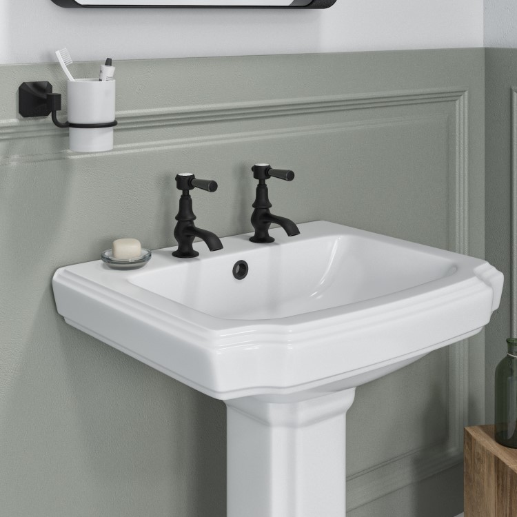 Matt Black Traditional Basin Pillar Taps & Bath Filler Tap Pack - Helston