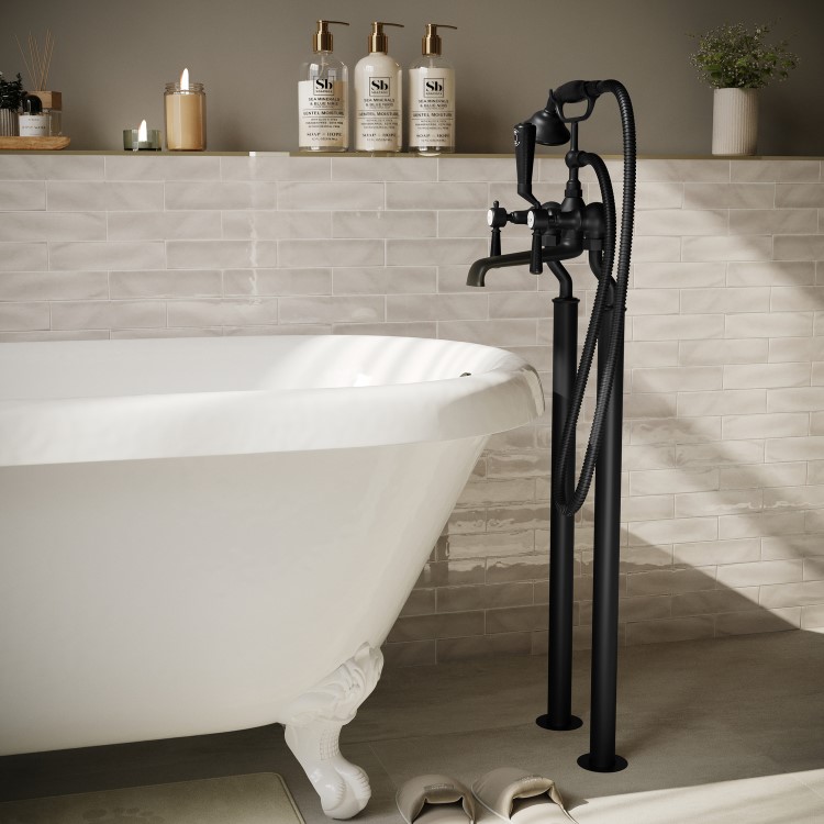 Black Freestanding Bath Shower Mixer Tap with Stand Pipes - Helston