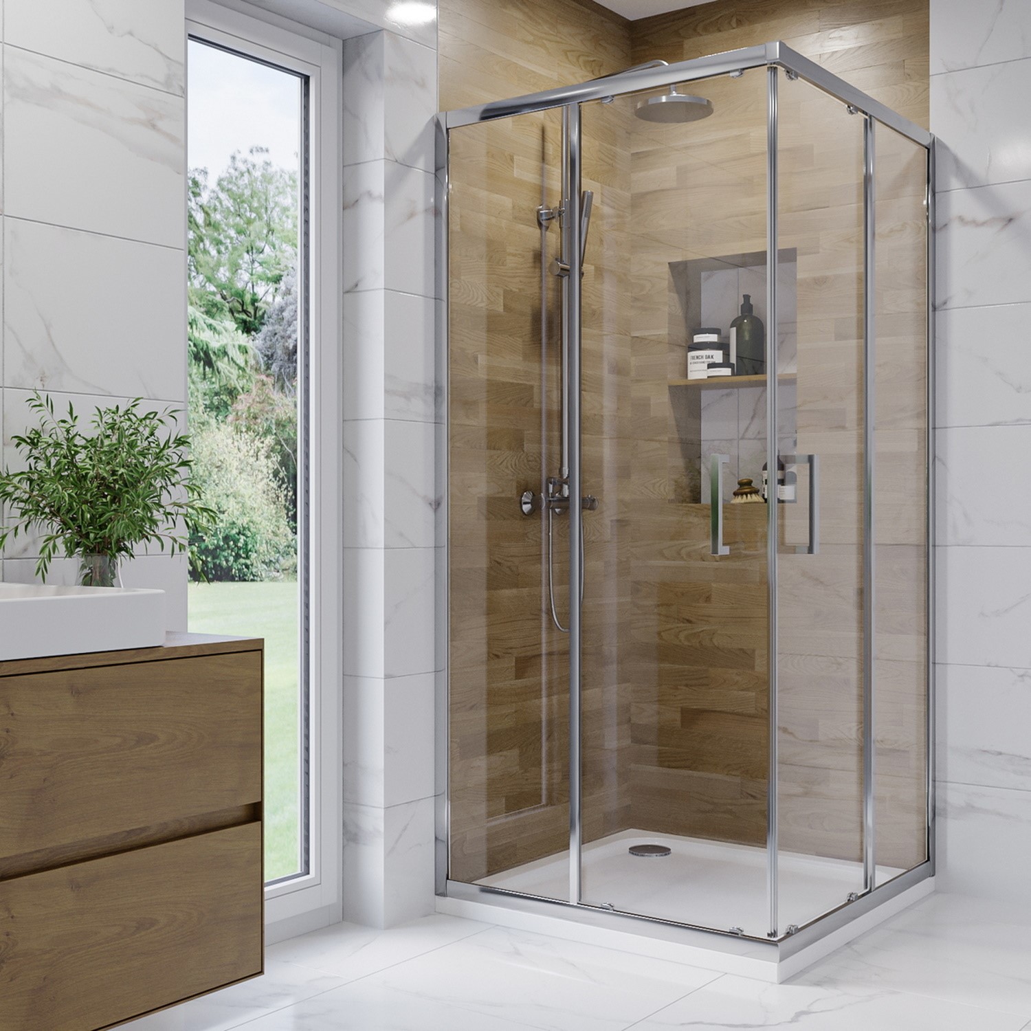 900mm Square Corner Entry Shower Enclosure with Tray - Carina