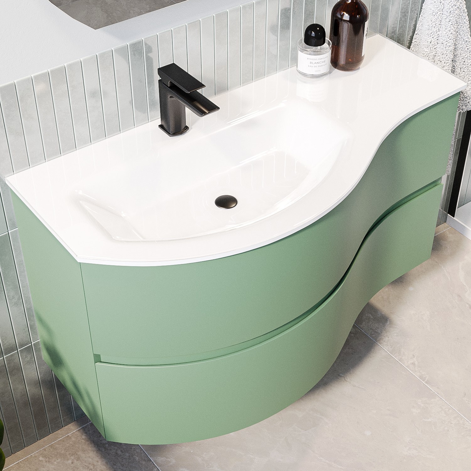 1000mm Green Wall Hung Left Hand Curved Vanity Unit with Basin Tulum