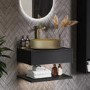 600mm Black Wall Hung Countertop Vanity Unit with  Brass Basin and Shelves - Lugo