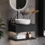 600mm Black Wall Hung Countertop Vanity Unit with White Marble Effect Basin and Shelves - Lugo