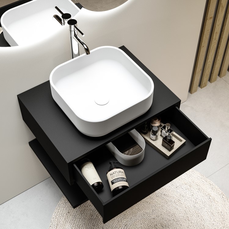 600mm Black Wall Hung Countertop Vanity Unit with White Square Basin and Shelf - Lugo