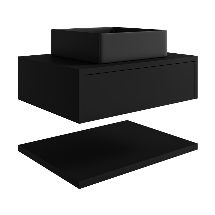 600mm Black Wall Hung Countertop Vanity Unit with Black Square Basin and Shelf - Lugo