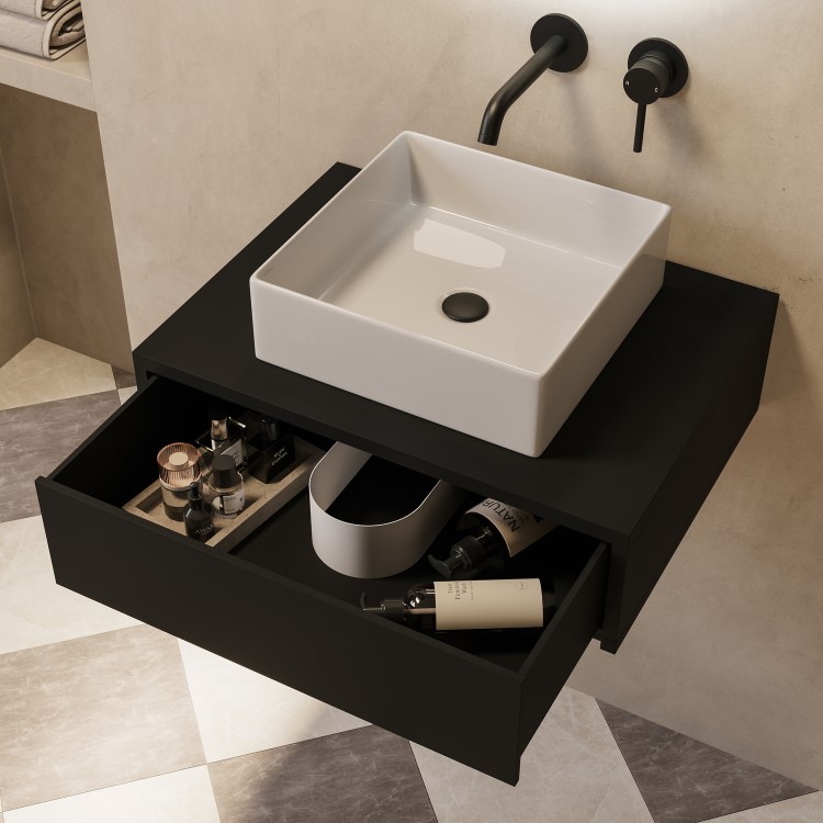 600mm Black Wall Hung Countertop Vanity Unit with Square Basin - Lugo
