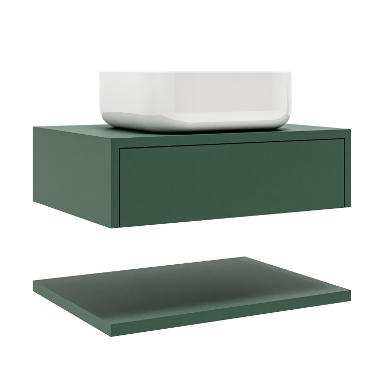 600mm Green Wall Hung Countertop Vanity Unit with Square Basin and Shelves - Lugo