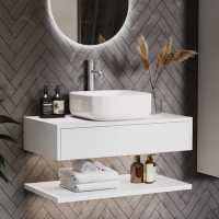 800mm White Wall Hung Countertop Vanity Unit with Square Basin and Shelves - Lugo 800mm White Wall Hung Countertop Vanity Unit with Square Basin and Shelves - Lugo