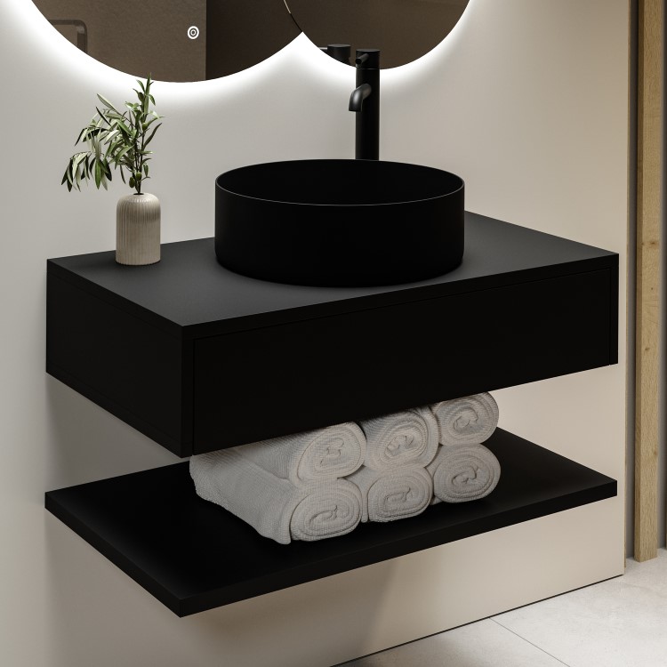 800mm Black Wall Hung Countertop Vanity Unit with Black Basin and Shelf - Lugo