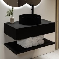 800mm Black Wall Hung Countertop Vanity Unit with Black Basin and Shelf - Lugo