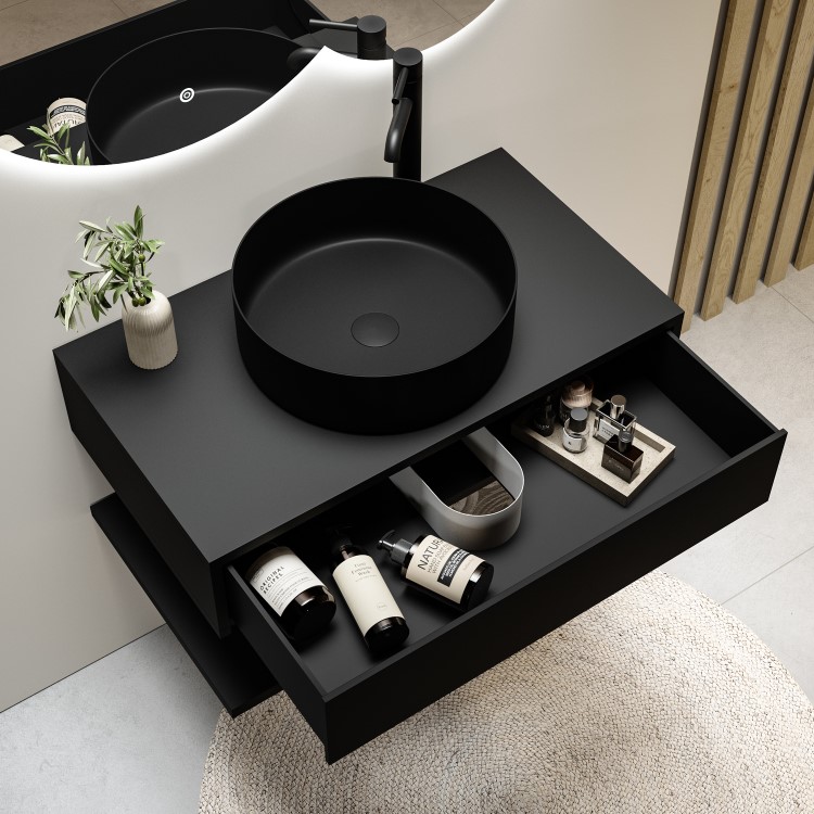 800mm Black Wall Hung Countertop Vanity Unit with Black Basin and Shelf - Lugo