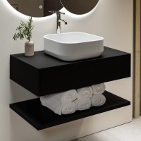 800mm Black Wall Hung Countertop Vanity Unit with White Square Basin and Shelf - Lugo 800mm Black Wall Hung Countertop Vanity Unit with White Square Basin and Shelf - Lugo