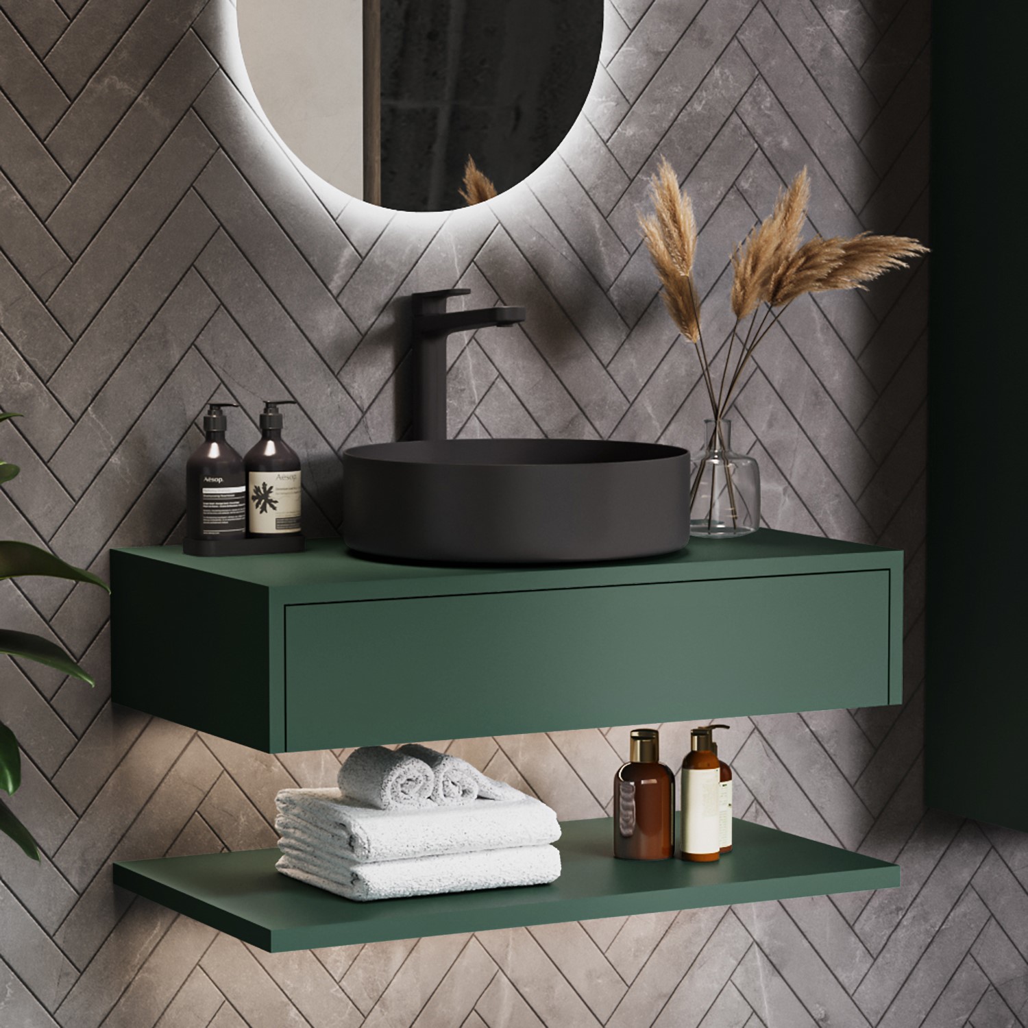 800mm Green Wall Hung Countertop Vanity Unit with Black Basin and Shelf - Lugo