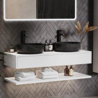1200mm White Wall Hung Countertop Double Vanity Unit with Black Marble Effect Basins and Shelf - Lugo 1200mm White Wall Hung Countertop Double Vanity Unit with Black Marble Effect Basins and Shelf - Lugo