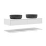 1200mm White Wall Hung Countertop Double Vanity Unit with Black Marble Effect Basins and Shelf - Lugo