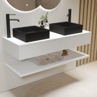 1200mm White Wall Hung Countertop Double Vanity Unit with Black Square Basins and Shelf - Lugo