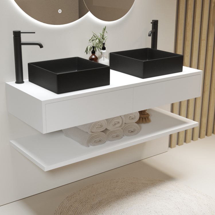 1200mm White Wall Hung Countertop Double Vanity Unit with Black Square Basins and Shelf - Lugo