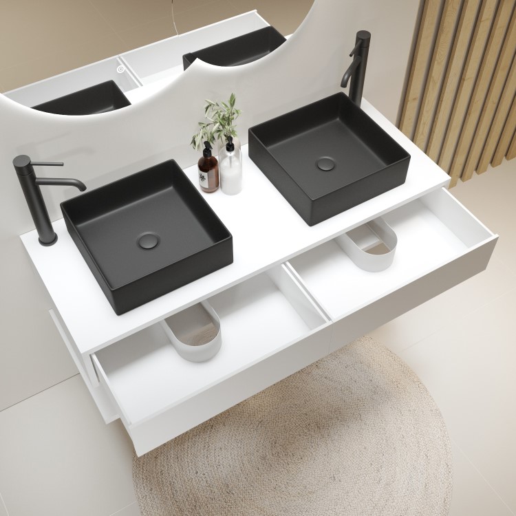 1200mm White Wall Hung Countertop Double Vanity Unit with Black Square Basins and Shelf - Lugo