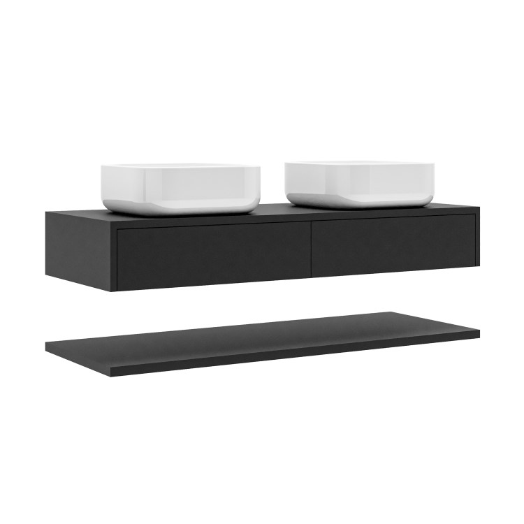 1200mm Black Wall Hung Countertop Double Vanity Unit with White Square Basins and Shelf - Lugo