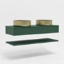 1200mm Green Wall Hung Double Countertop Vanity Unit with Brass Basins and Shelves - Lugo