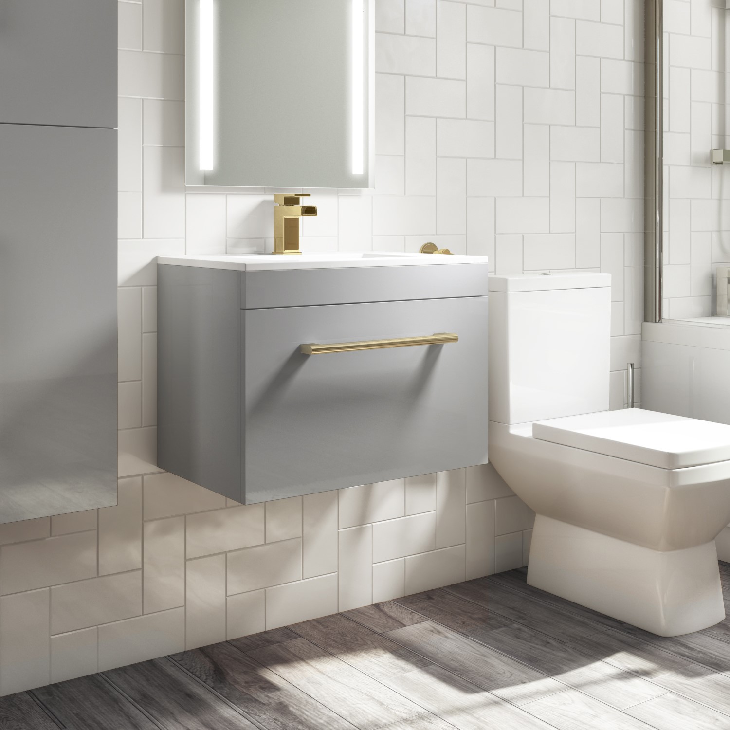 600mm Grey Wall Hung Vanity Unit with Basin and Brushed Brass Handle - Ashford