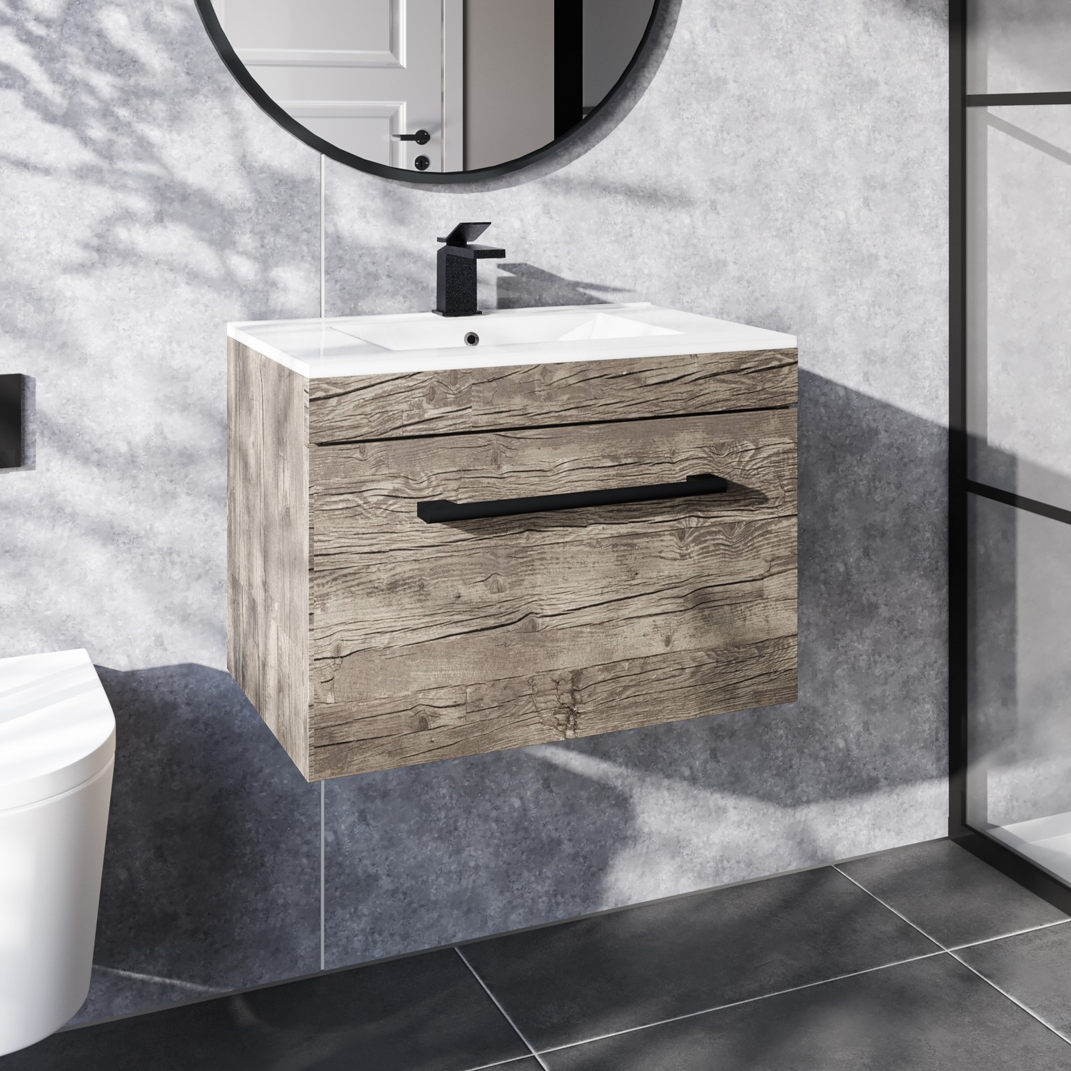 600mm Wood Effect Wall Hung Vanity Unit with Basin and Black Handle - Ashford