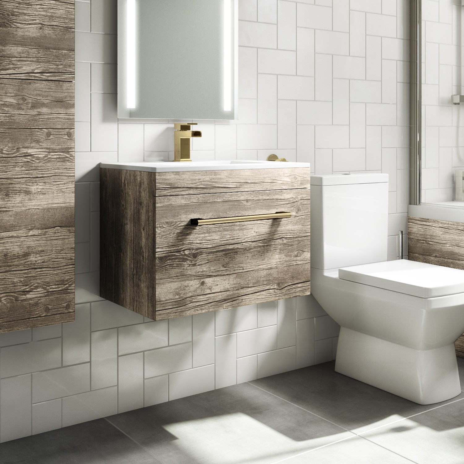 600mm Wood Effect Wall Hung Vanity Unit with Basin and Brass Handle - Ashford