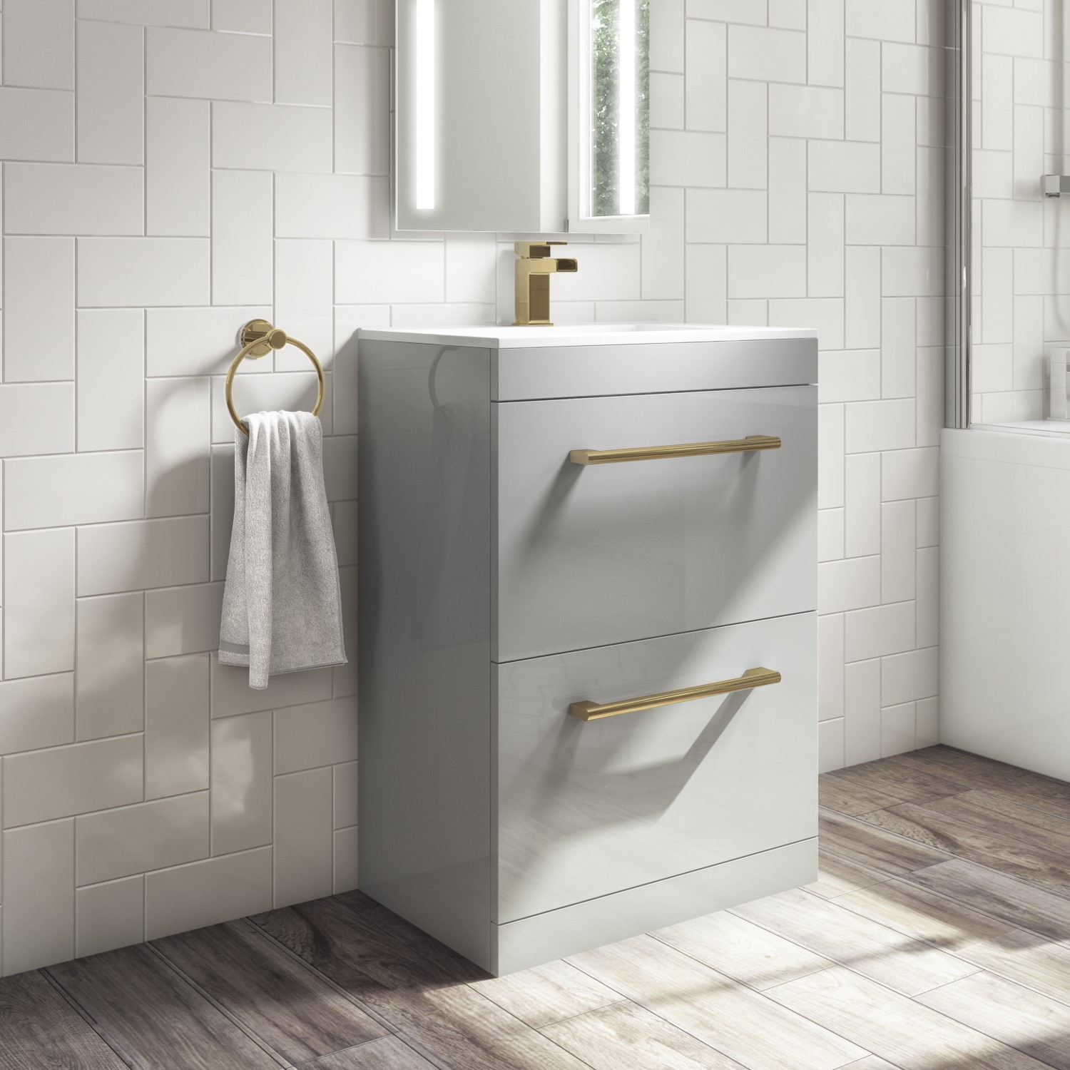 600mm Grey Floorstanding Vanity Unit with Basin and Brushed Brass Handle - Ashford