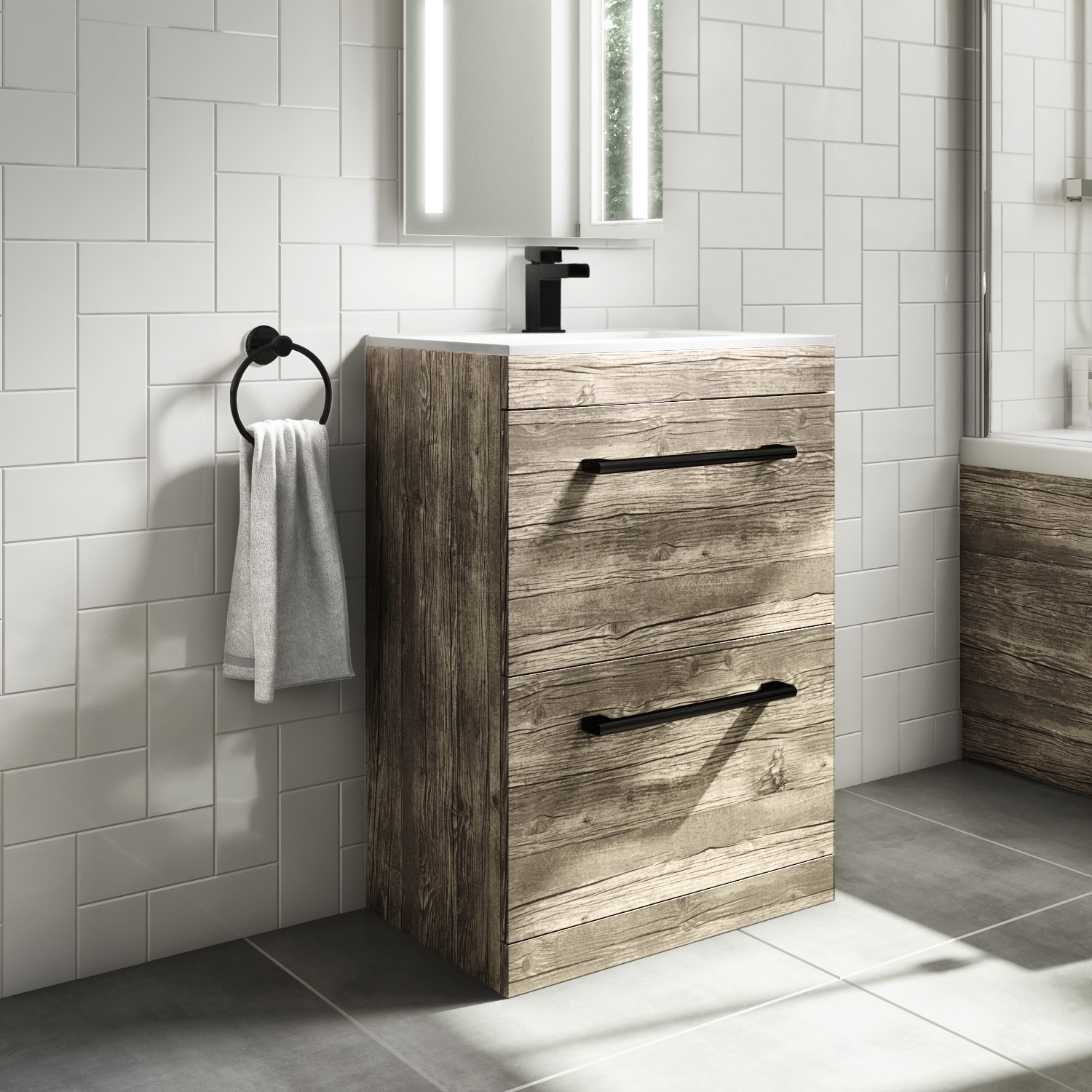 600mm Wood Effect Floorstanding Vanity Unit with Basin and Black Handle - Ashford