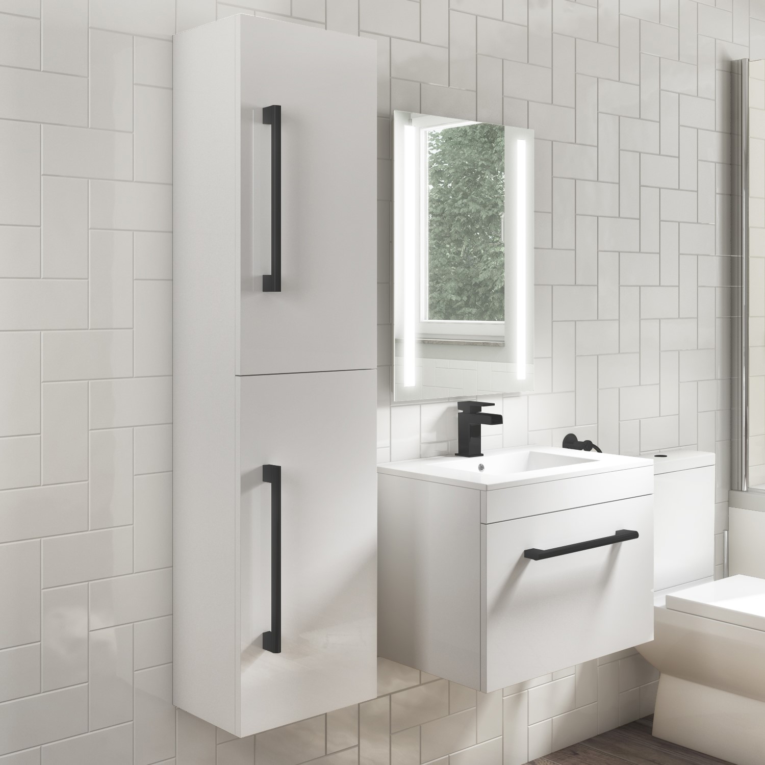 350mm White  Wall Hung Tall Bathroom Cabinet with Chrome Handles - Ashford