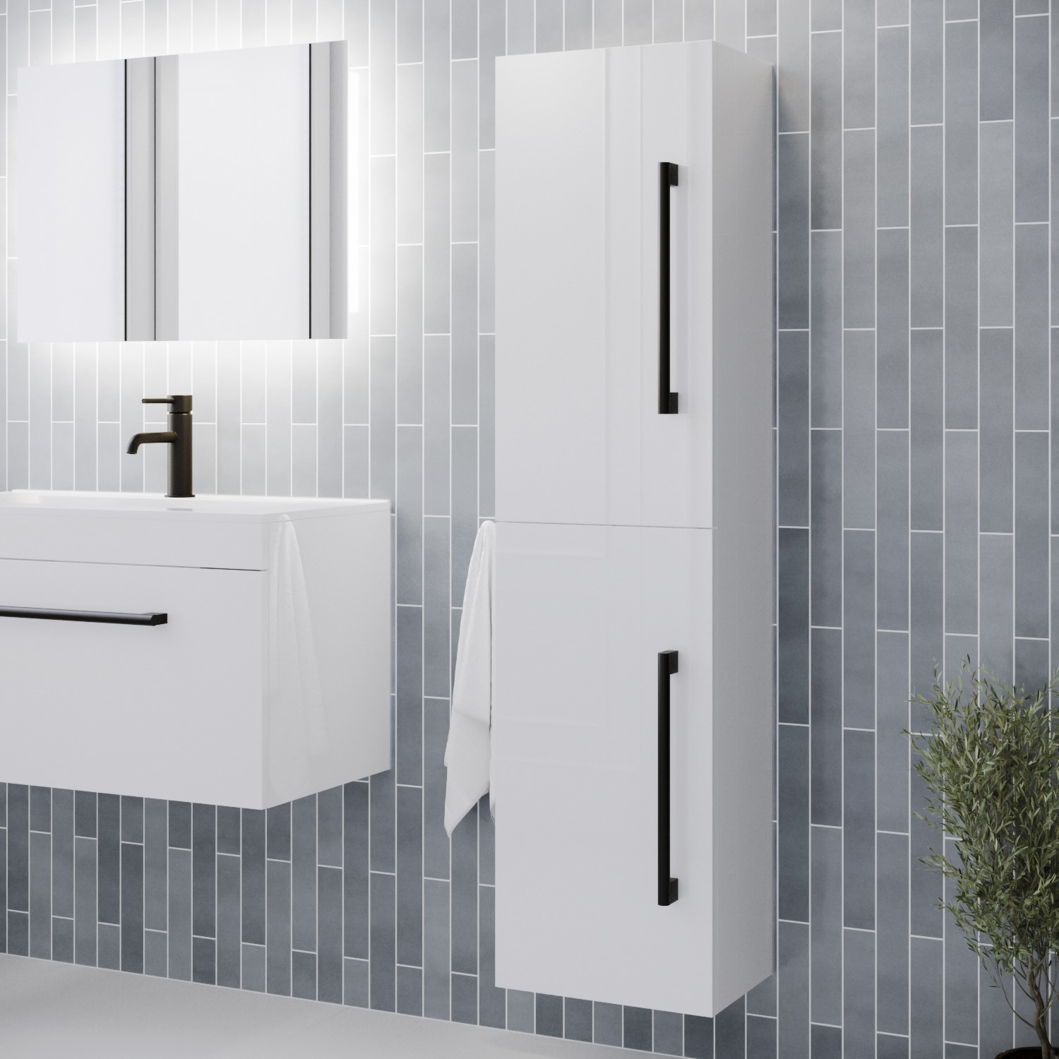 350mm White  Wall Hung Tall Bathroom Cabinet with Chrome Handles - Ashford