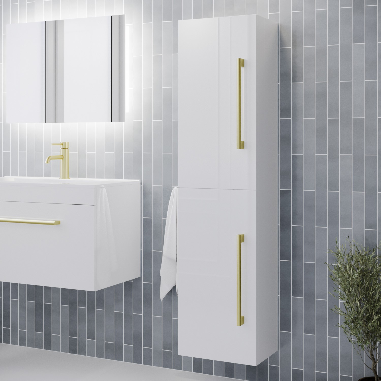 350mm White Wall Hung Tall Bathroom Cabinet with Brushed Brass Handles - Ashford