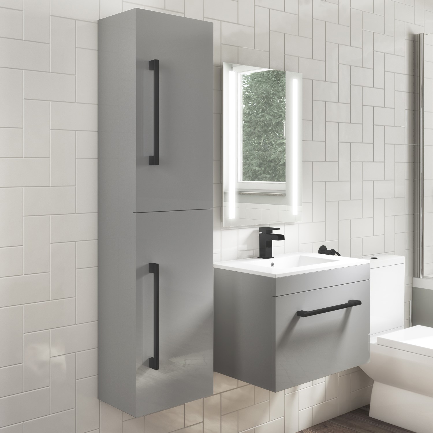 350mm Grey Wall Hung Tall Bathroom Cabinet with Chrome Handles - Ashford
