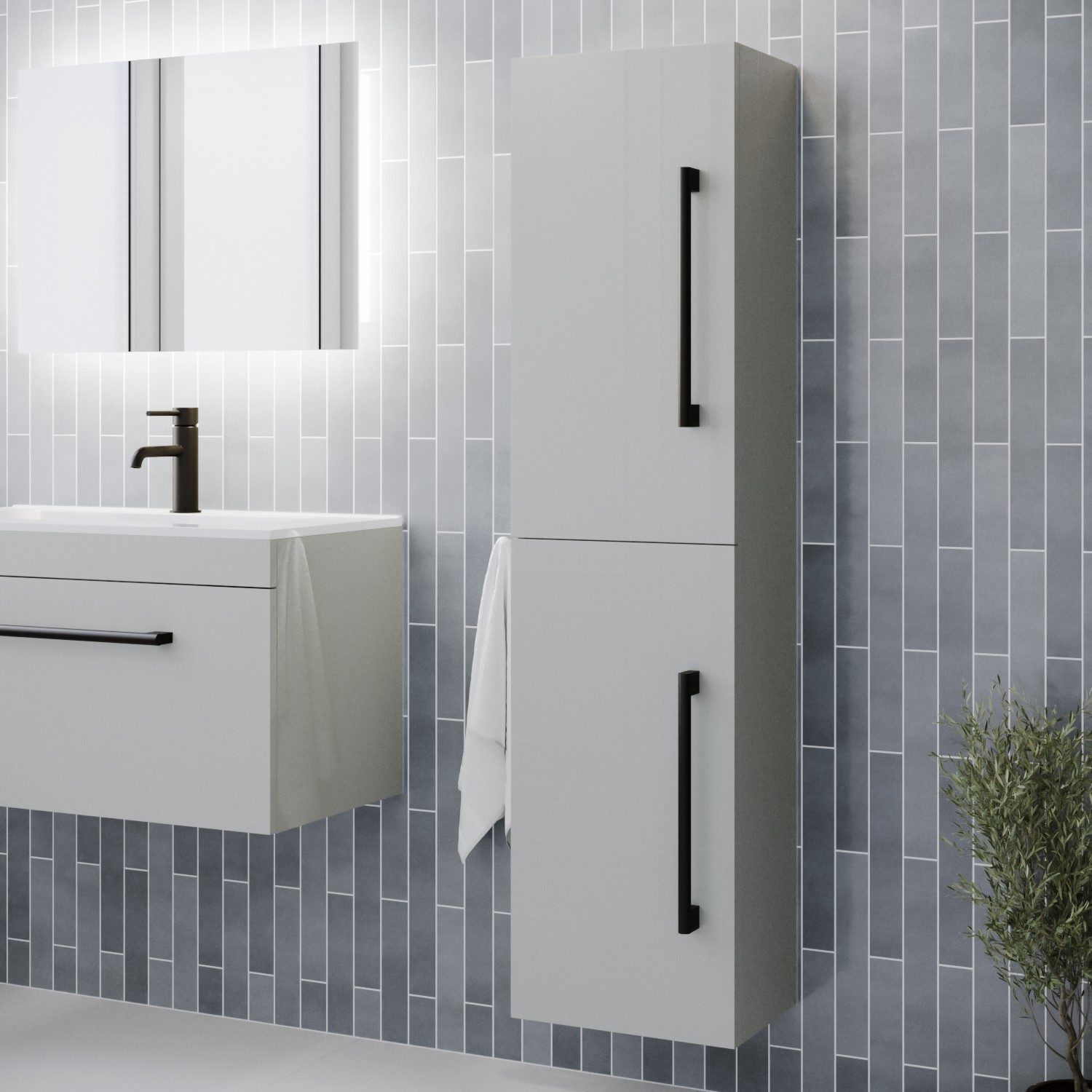 350mm Grey Wall Hung Tall Bathroom Cabinet with Black Handles - Ashford